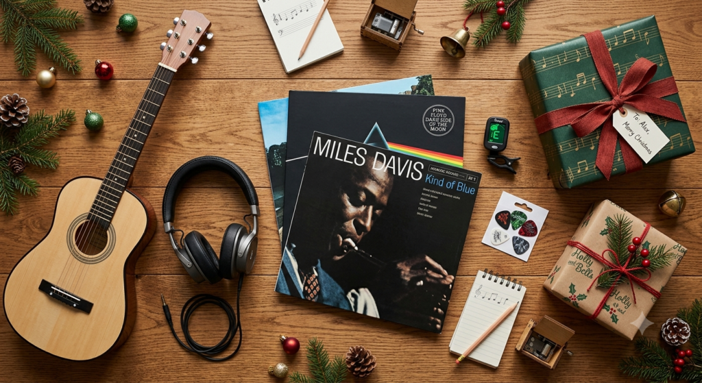 Flat lay of music-themed gift ideas including a mini guitar, headphones, vinyl records and wrapped presents