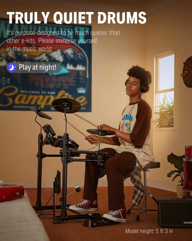 Donner DED-80 7-piece electronic drum kit being played by a drummer at home