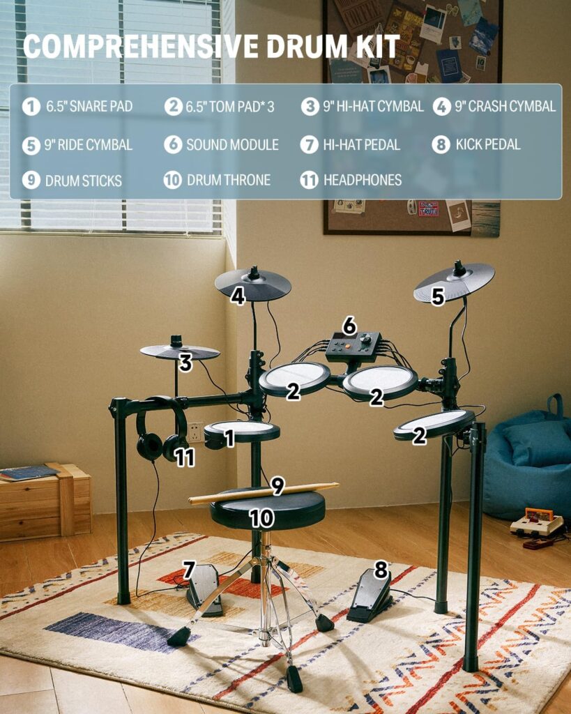 Donner DED-70 electronic drum kit with mesh pads set up in a small apartment space