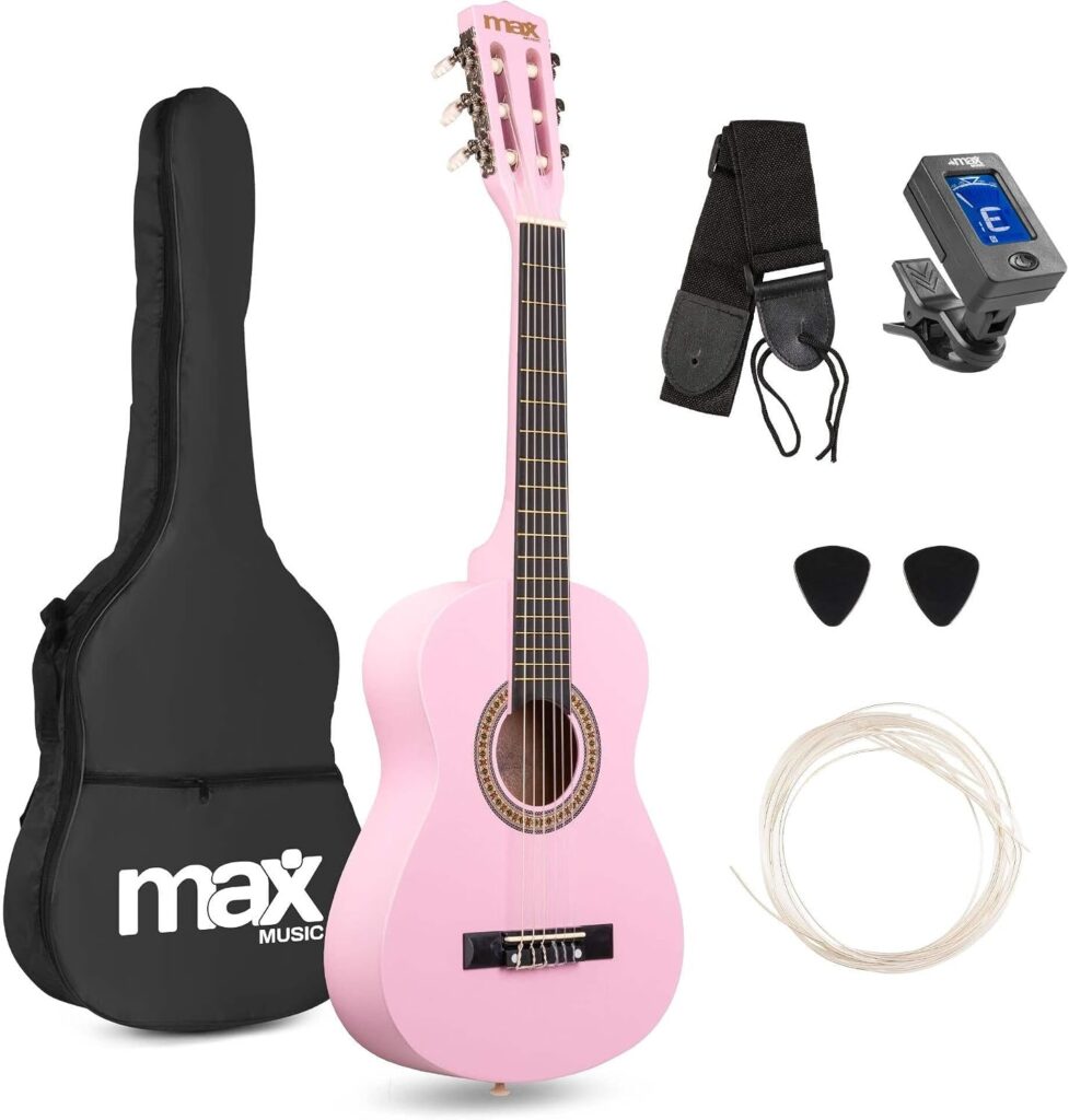 MAX SoloArt 3/4 junior acoustic guitar in pink, sized for kids and small hands, with gig bag and accessories