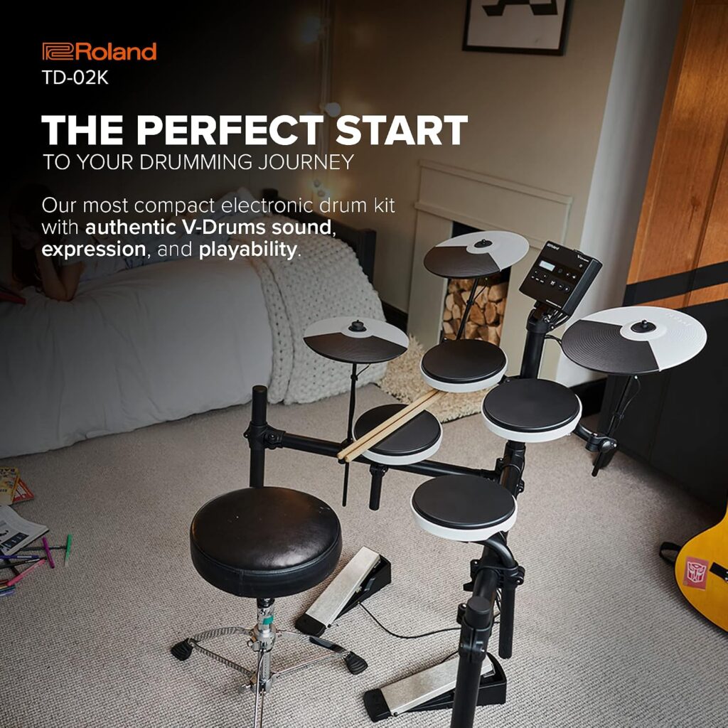 Roland TD-02K V-Drums compact electronic drum kit set up in a bedroom